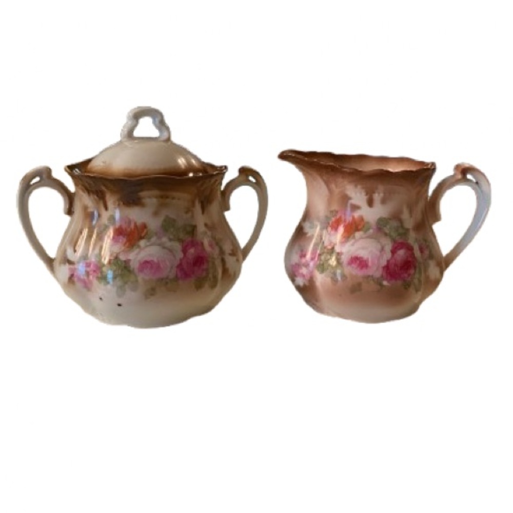 Antique German Floral Porcelain Sugar and Creamer Set Cottagecore Shabby Chic